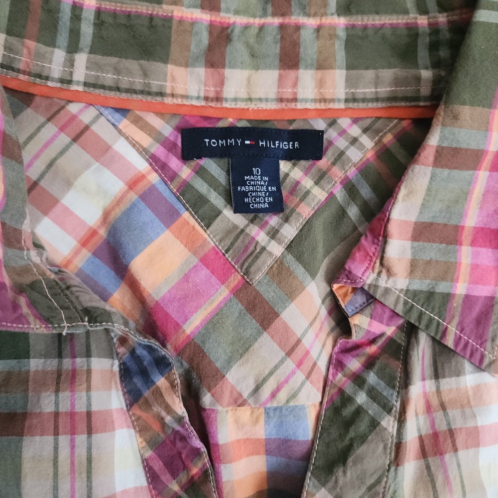 Tommy Hilfiger Shirt Dress Womens 10 Multi Plaid Cotton Roll Tab Sleeve Cinched - Picture 2 of 7